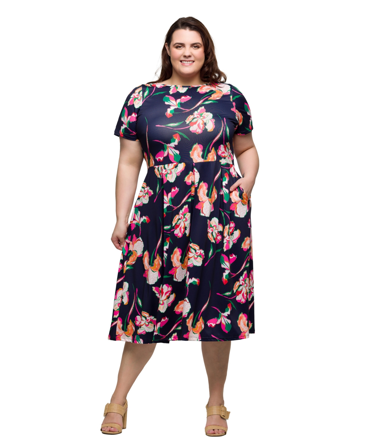 Plus Size Short Sleeve Pleated Flare Midi Pocket Dress - Navy Multi