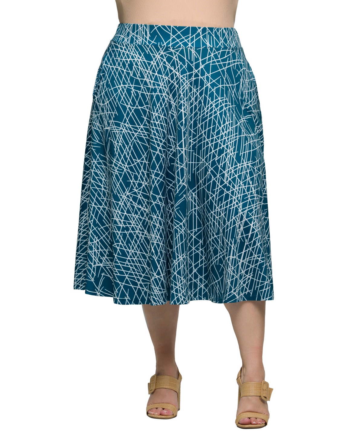 Plus Size Print Elastic Waist Pocket Midi Skirt - Blue Multi