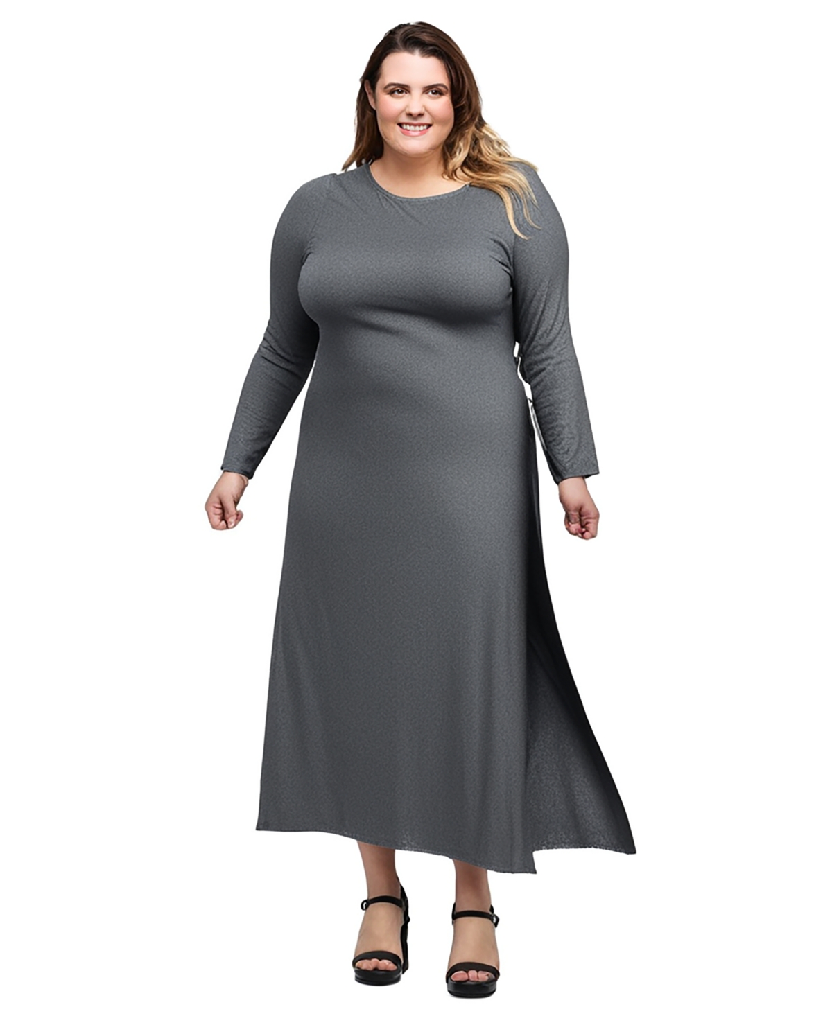 24seven Comfort Apparel Plus Size Long Sleeve Side Slit Fitted Maxi Dress In Grey