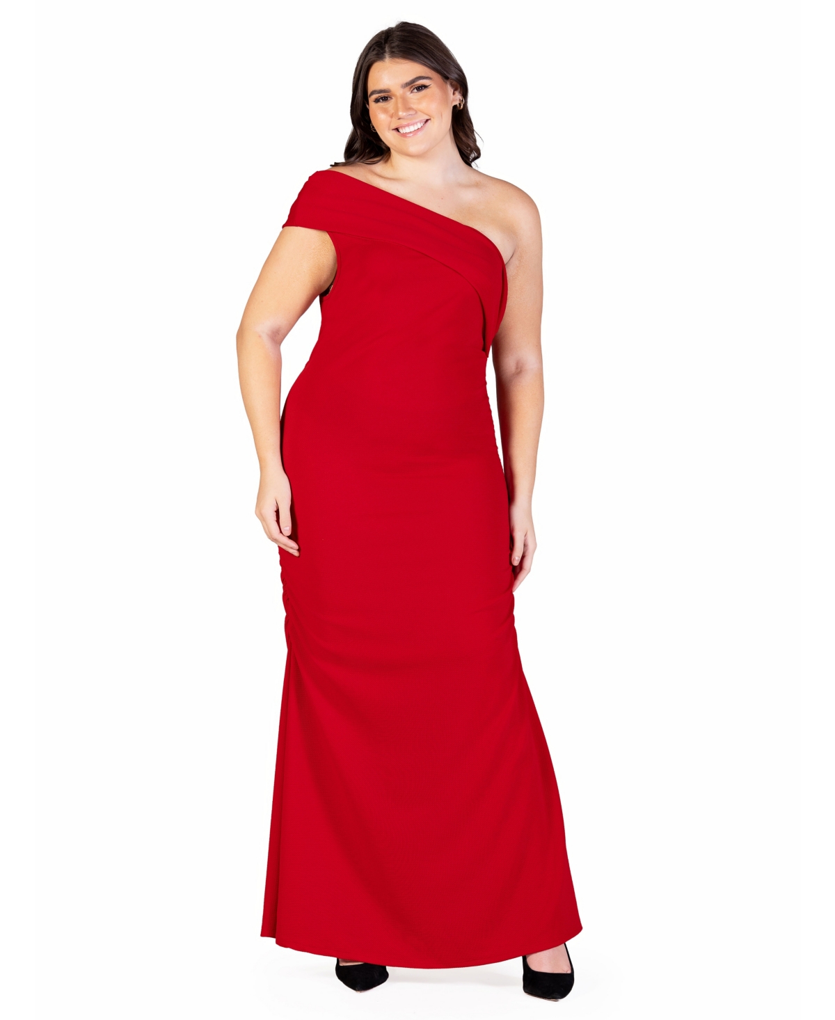 24seven Comfort Apparel Plus Size Formal One Shoulder Rouched Mermaid Maxi Dress In Ruby