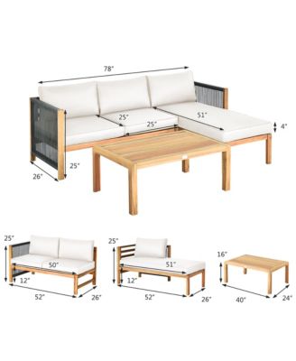 3PCS Patio Acacia Wood Sofa Furniture Set Thick Cushion W/ Nylon Rope Armrest