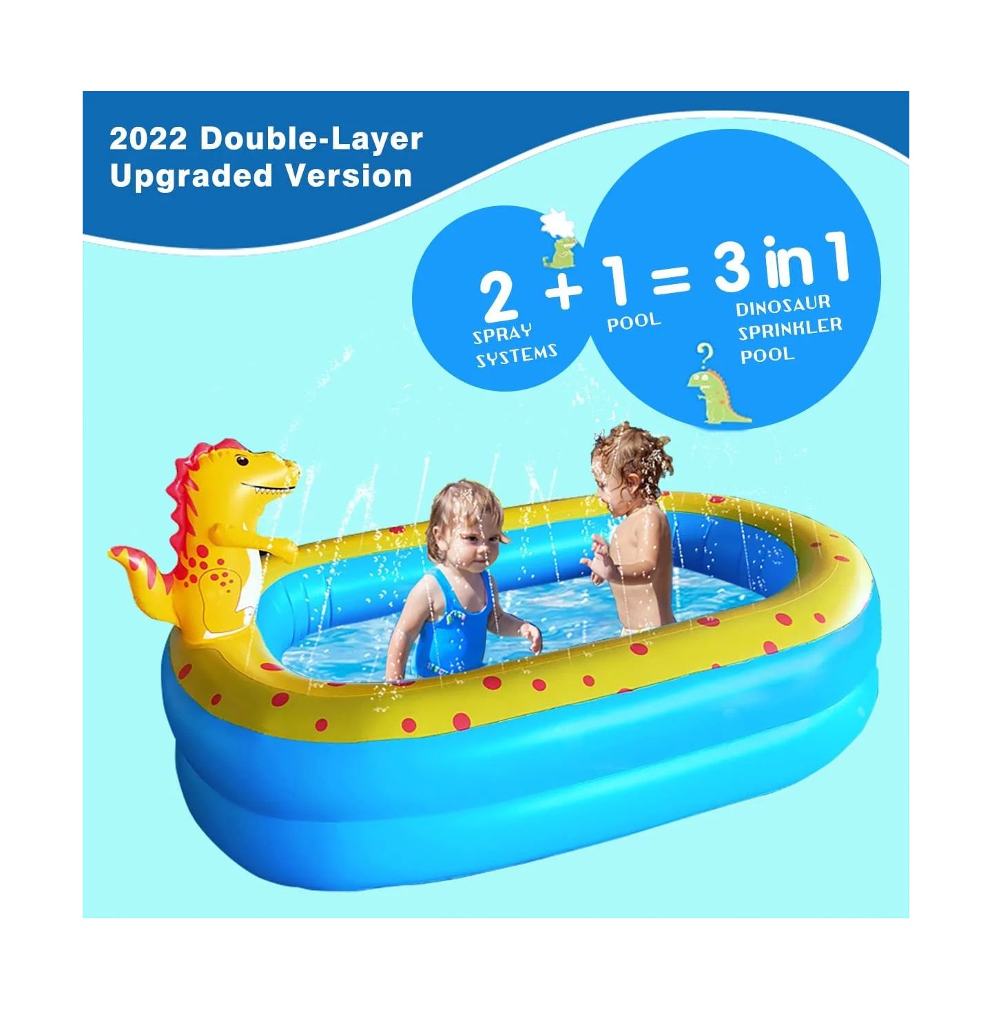 Детская игрушка Cowin Inflatable Dinosaur Pool, 67"L x 41"W x 31.5"H, PVC, 3-in-1 Sprinkler, Ages 2+ — фото 3