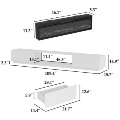 46 Inch black Crystal Electric Fireplace with White TV Stand, 12 Color Flame, 5 Brightness Levels