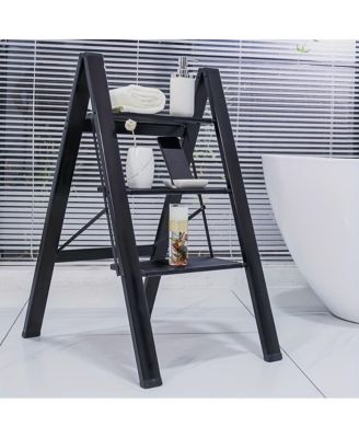 3 Step Ladder Aluminum Light Folding Step Bench Wide Non slip Pedal 300 lb Capacity Home Office Portable Ladder black
