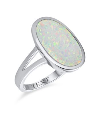 Boho Iridescent White Created Opal Big Oval Split Shank Statement Ring .925 Sterling Silver Rhodium Plating