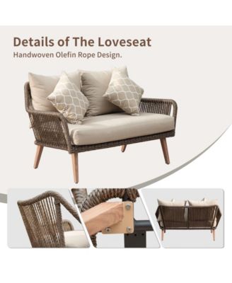 Patio Conversation Sets 4-Pieces, Handwoven Rattan Wicker Aluminum Frame Outdoor Patio Set, All-Weather Modern Rope Patio Loveseat with Coffee Table for Garden Balcony Deck Poolside Porch (Khaki)