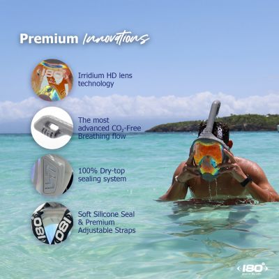 MOFLOW+ IRRIDIUM Full Face Snorkel Mask Gray L/XL – Panoramic View, CO2-Free, 4X Oxygen, Anti-Fog, Dry Snorkel, Camera Mount, Silicone, Premium Straps