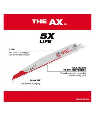 9 in. 5 TPI AX Nail-Embedded Wood Cutting SAWZALL Reciprocating Saw Blades - 5 Count - 48-00-5026