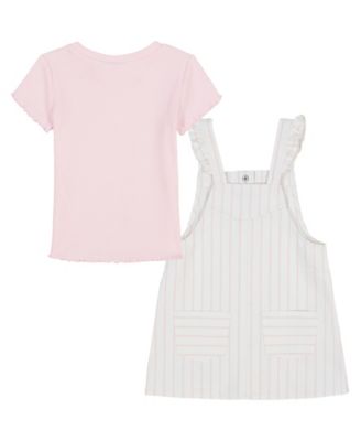 Toddler and Little Girls 2-Piece Ribbed T-Shirt and Striped Denim Jumper Set