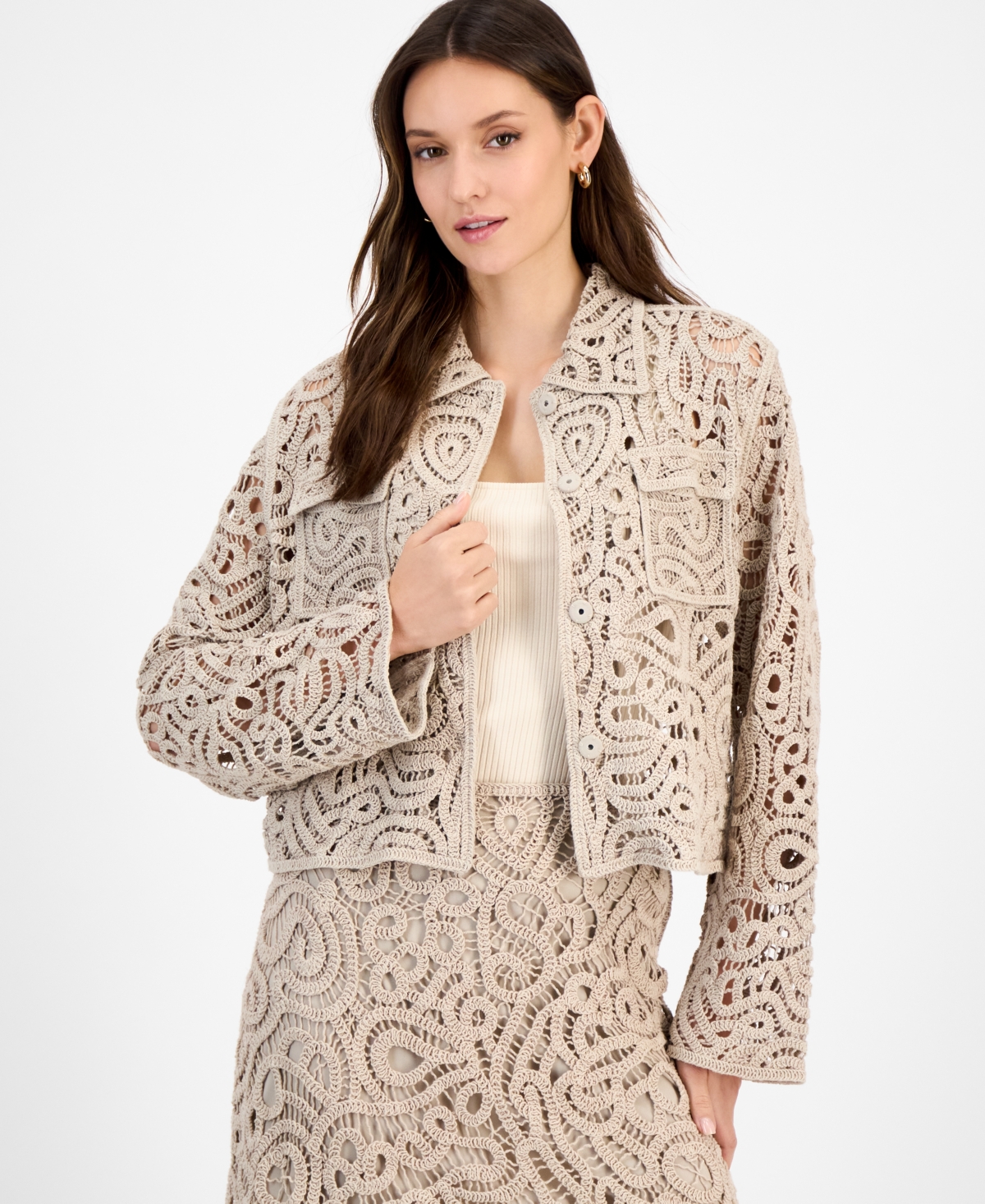 Women's Collared Crochet Sweater Jacket, Exclusively at Macy's - Stone