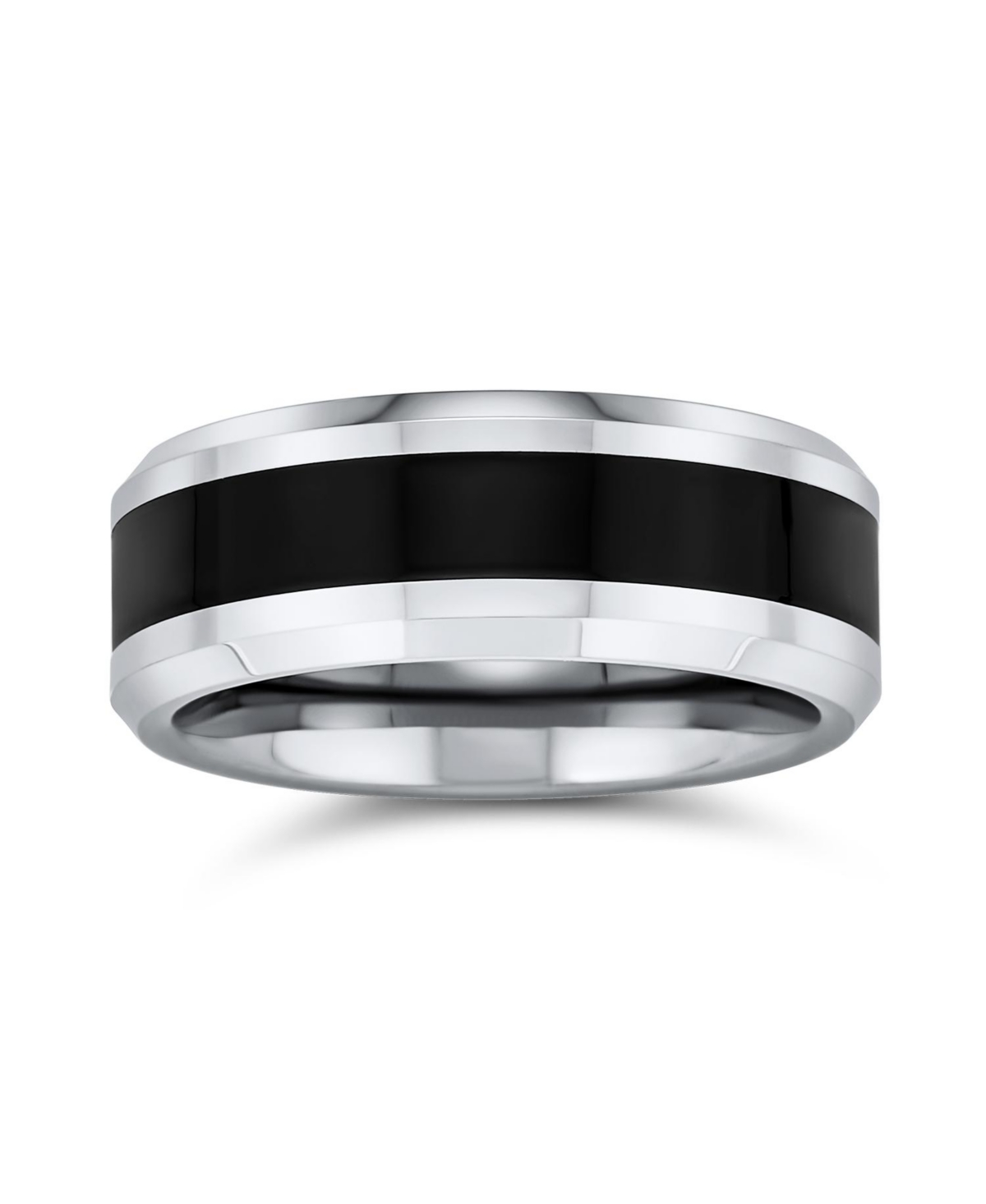 Bling Jewelry Simple Two Tone Black Center Couples Titanium Band Ring Silver Tone Beveled Edge 8MM