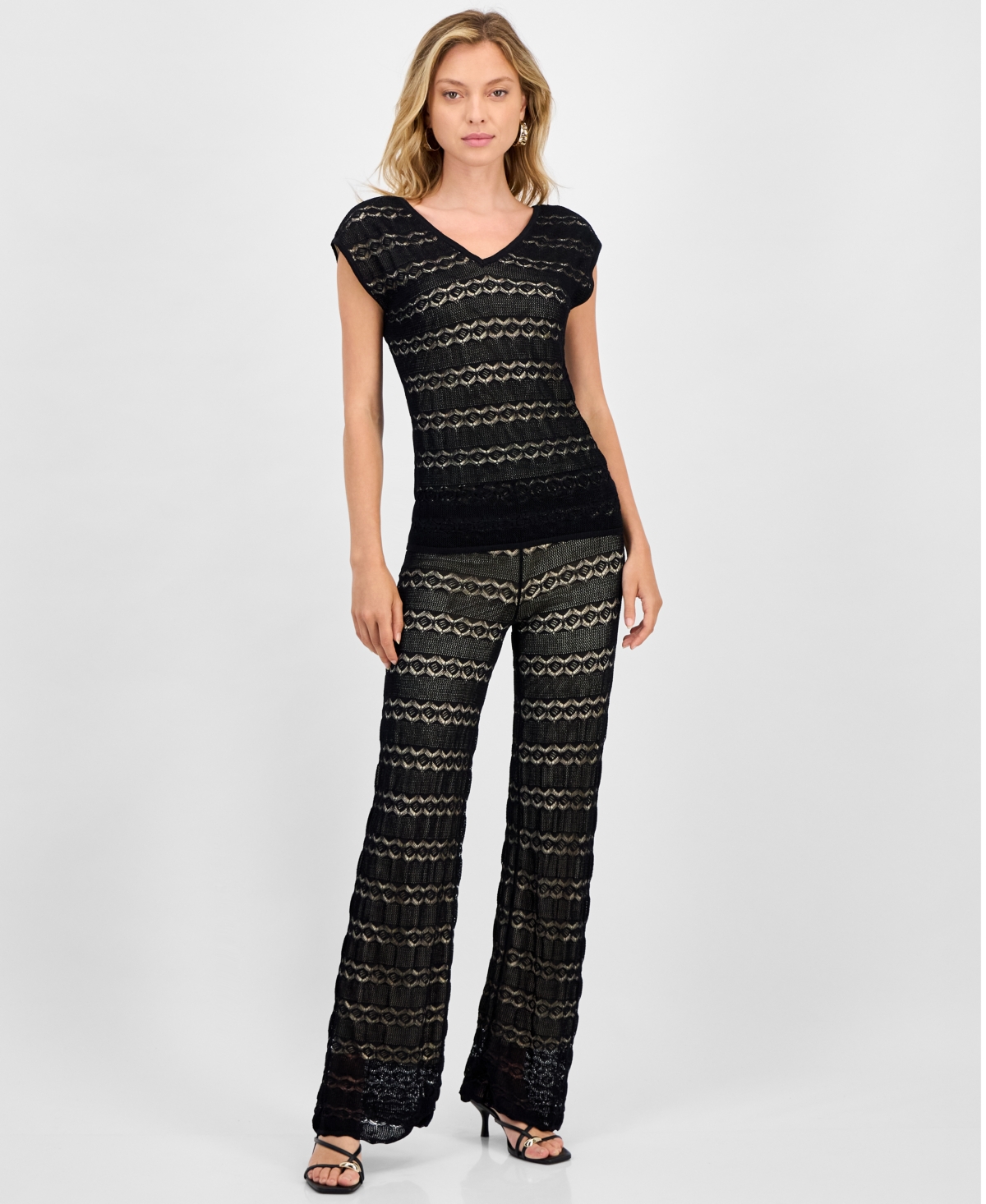 Women's Cap-Sleeve Sweater And Pants Matching Set - Deep Black