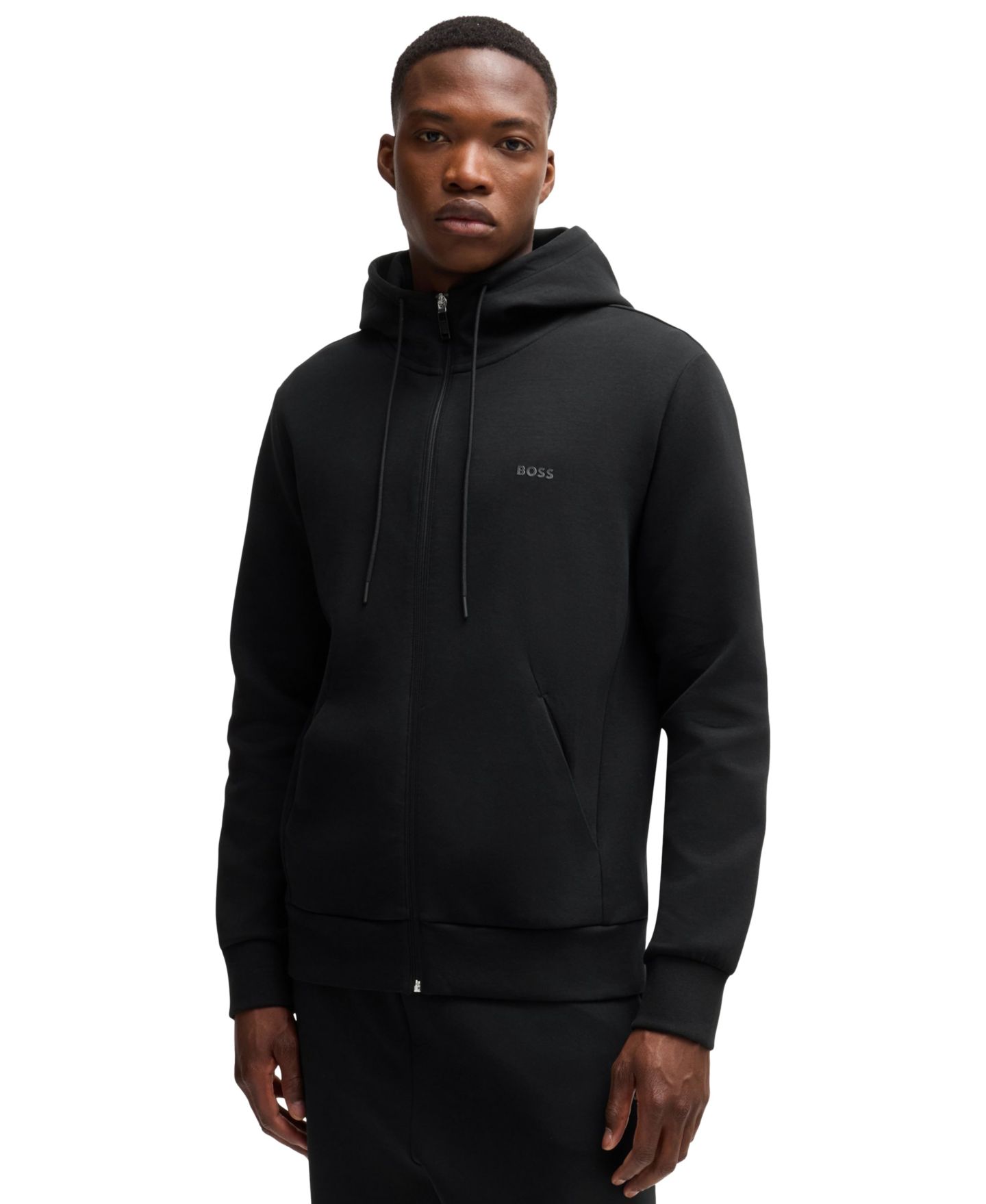 Мужское худи Hugo Boss Logo Print Zip-Up, цвет: Чёрный — фото 1