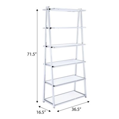White and Chrome Bookshelf with 6 Shelves High Gloss Finish Wood Metal Frame Modern Bookcase