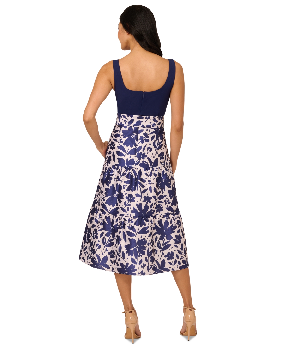 ADRIANNA PAPELL WOMEN'S MIXED-MEDIA SLEEVELESS MIDI DRESS 