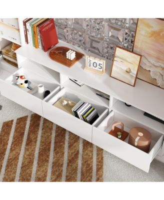 TV stand with bookshelf and 10 cabinet doors, multi-purpose media console, entertainment center in white wood