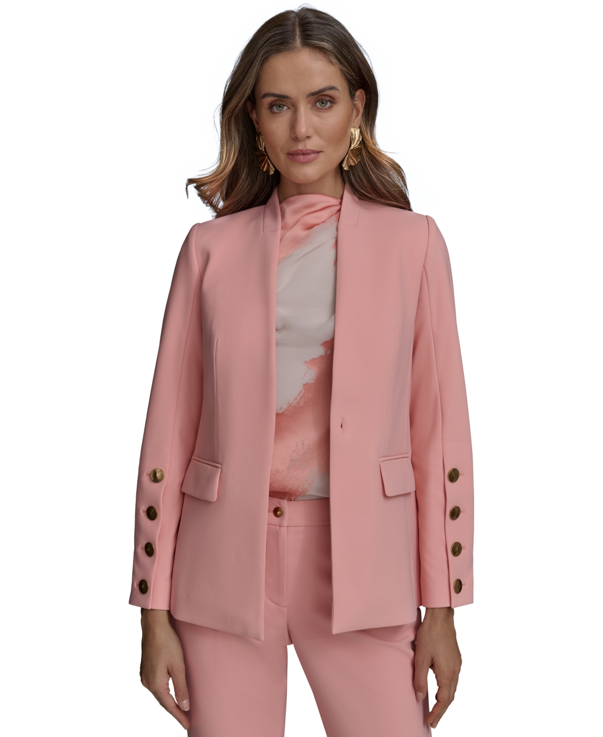 Petite Collarless One-Button Long-Sleeve Jacket - Apricot