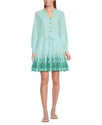 Women's Long Sleeve Eyelet Mini Popover Dress