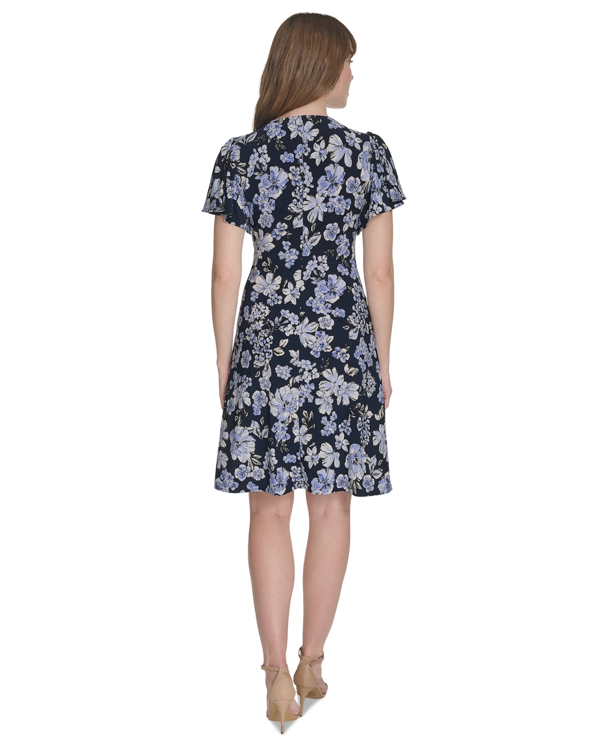 Tommy Hilfiger Women's Floral-print Flutter-sleeve Dress In Sky Captain Multi