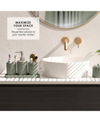 Complete Burlap-Texture Polyresin Bathroom Decor & Accessory Set with Shower Curtain, Shower Caddy Set & Bath Rugs