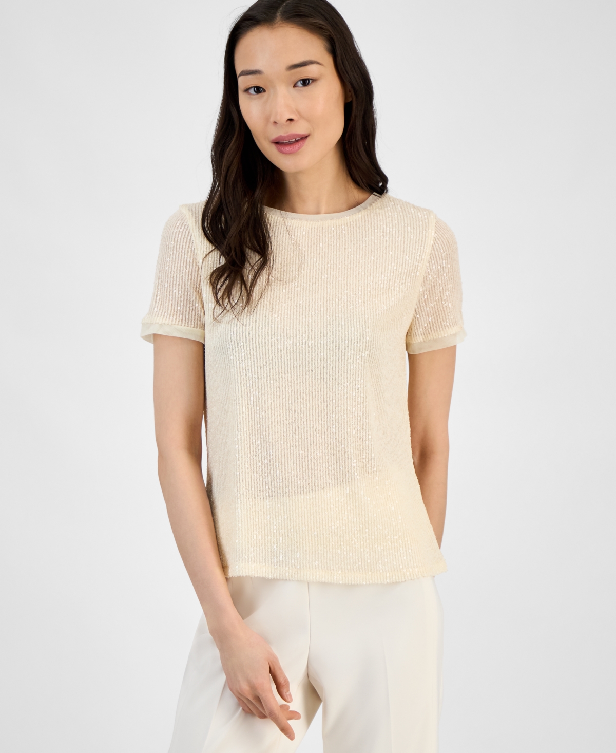 Anne Klein Petite Sequin Mesh Short-sleeve T-shirt