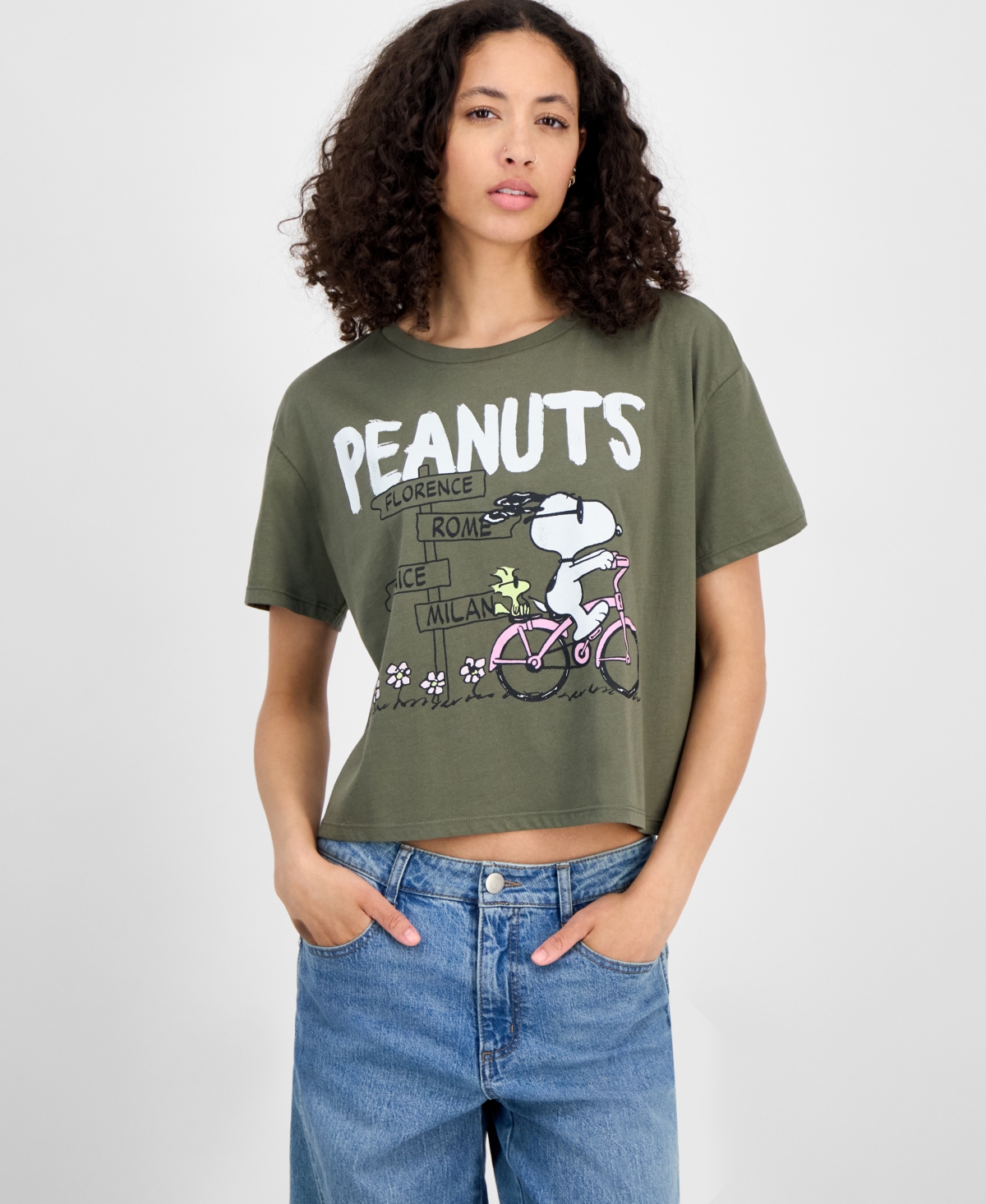 Grayon Threads, The Label Juniors' Snoopy Bike T-Shirt - Green