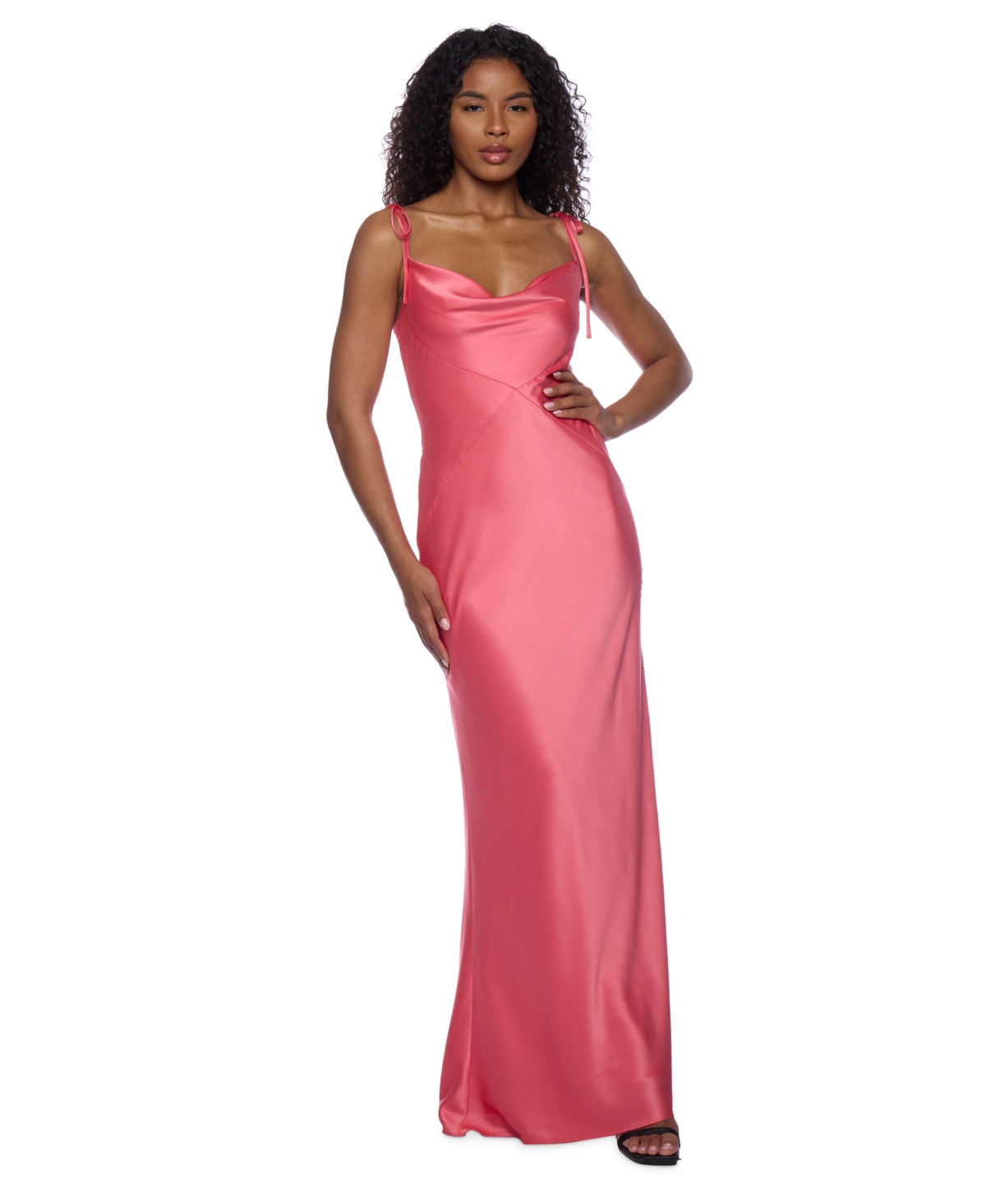 Juniors' Cowlneck Shoulder-Tie Gown - Dark Coral