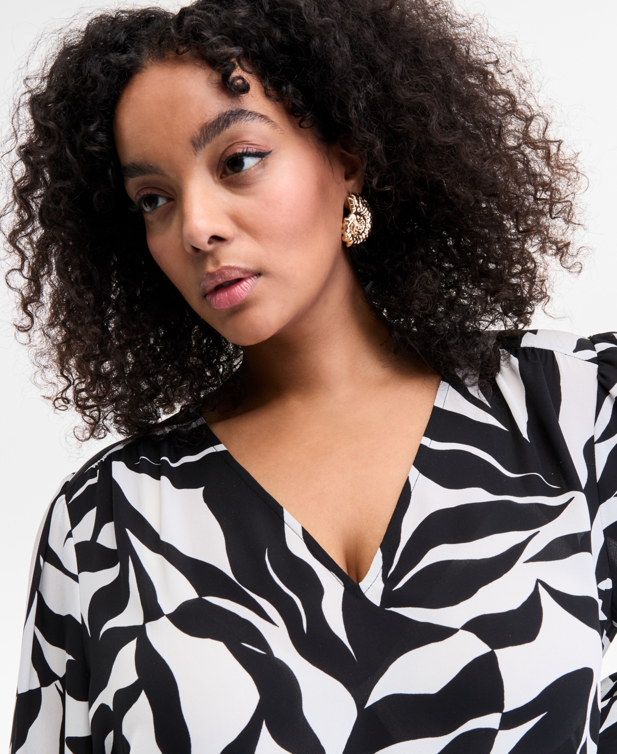 Inc International Concepts Plus Size Leaf-print Bell-sleeve Top, Exclusively At Macy's