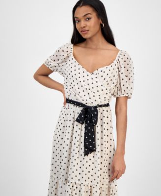 Women's Dot-Print Short-Sleeve Midi Chiffon Dress