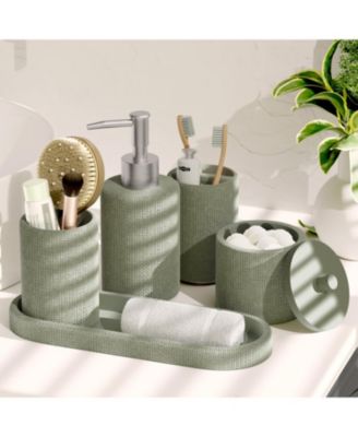 Complete Burlap-Texture Polyresin Bathroom Decor & Accessory Set with Shower Curtain & Bath Rugs