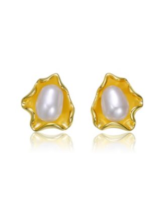 Sterling Silver 14K Gold Plated with White Freshwater Pearl Unique Wave Stud Earring