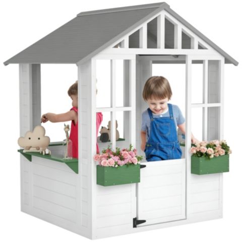 Детская игрушка Outsunny Outdoor Wood Playhouse with Tilt Roof, Ages 3+, цвет: Белый