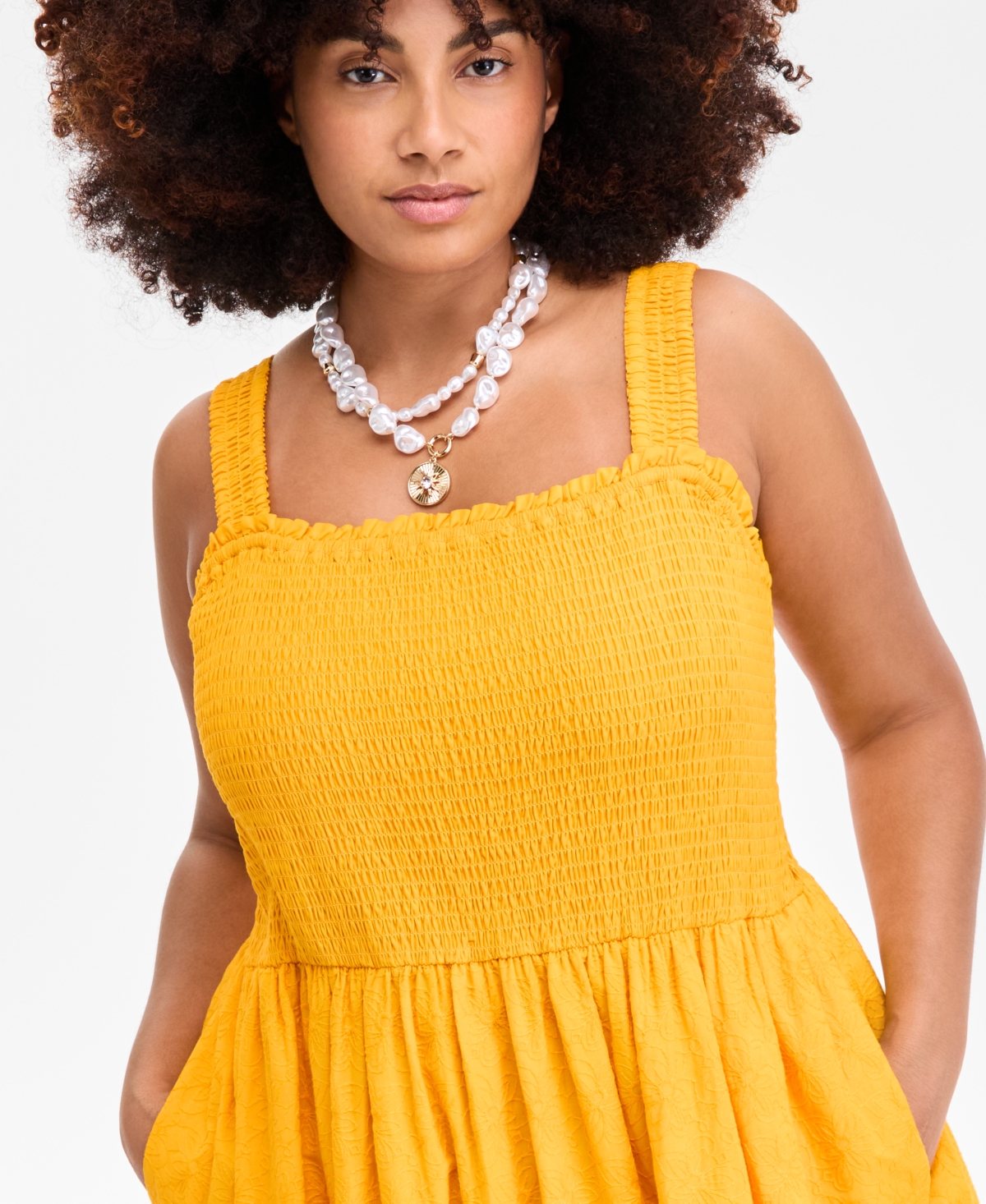 On 34th Womens Cotton Smocked Sleeveless Midi Dress Crochet Bag Layered Pendant Necklace Stretch Bracelet Ex In Orange