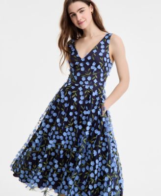 Women's Floral-Print Mesh V-Neck Midi Dress