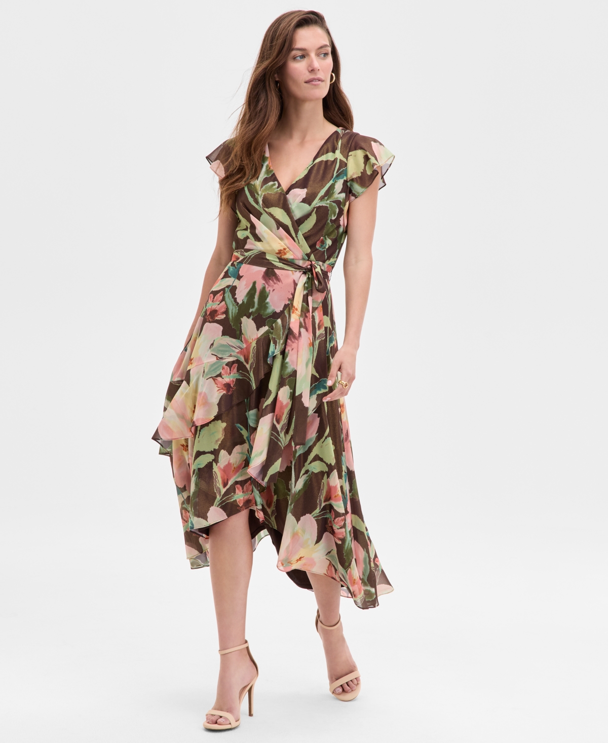 Petite Floral High-Low Midi Dress - Brown Multi