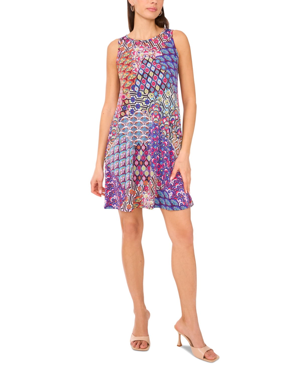 Women's Mixed-Print Keyhole-Back Swing Dress - Cobalt
