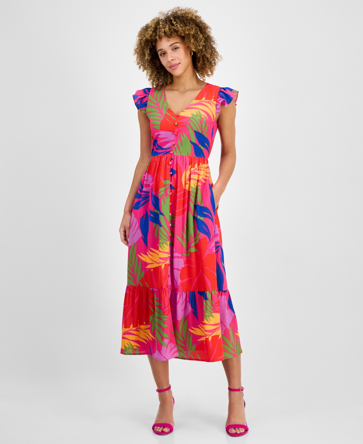 Women's V-Neck Flutter-Sleeve Midi Dress - Multi