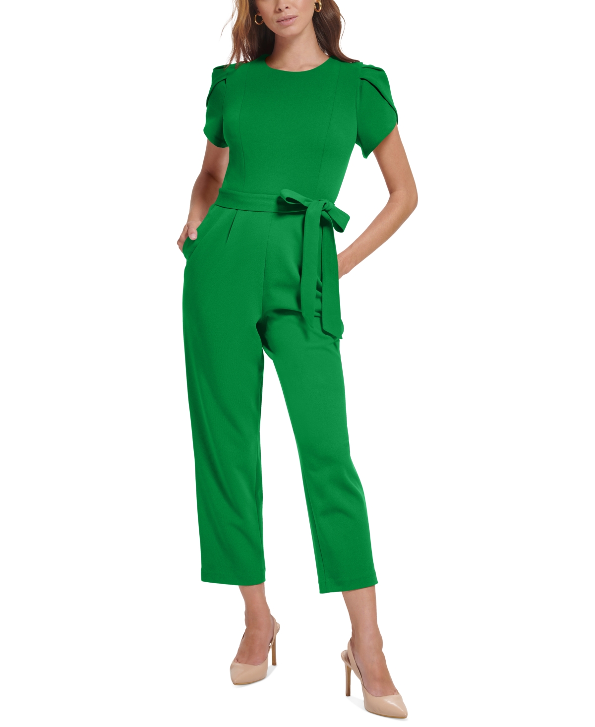 Women's Belted Tulip-Sleeve Jumpsuit - Fern
