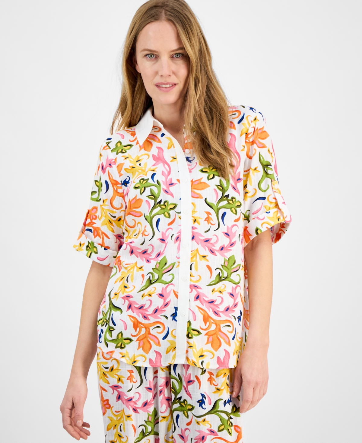JM COLLECTION WOMEN'S LINEN BLEND PRINTED SHORT-SLEEVE BUTTON-UP SHIRT, EXCLUSIVELY AT MACY'S 