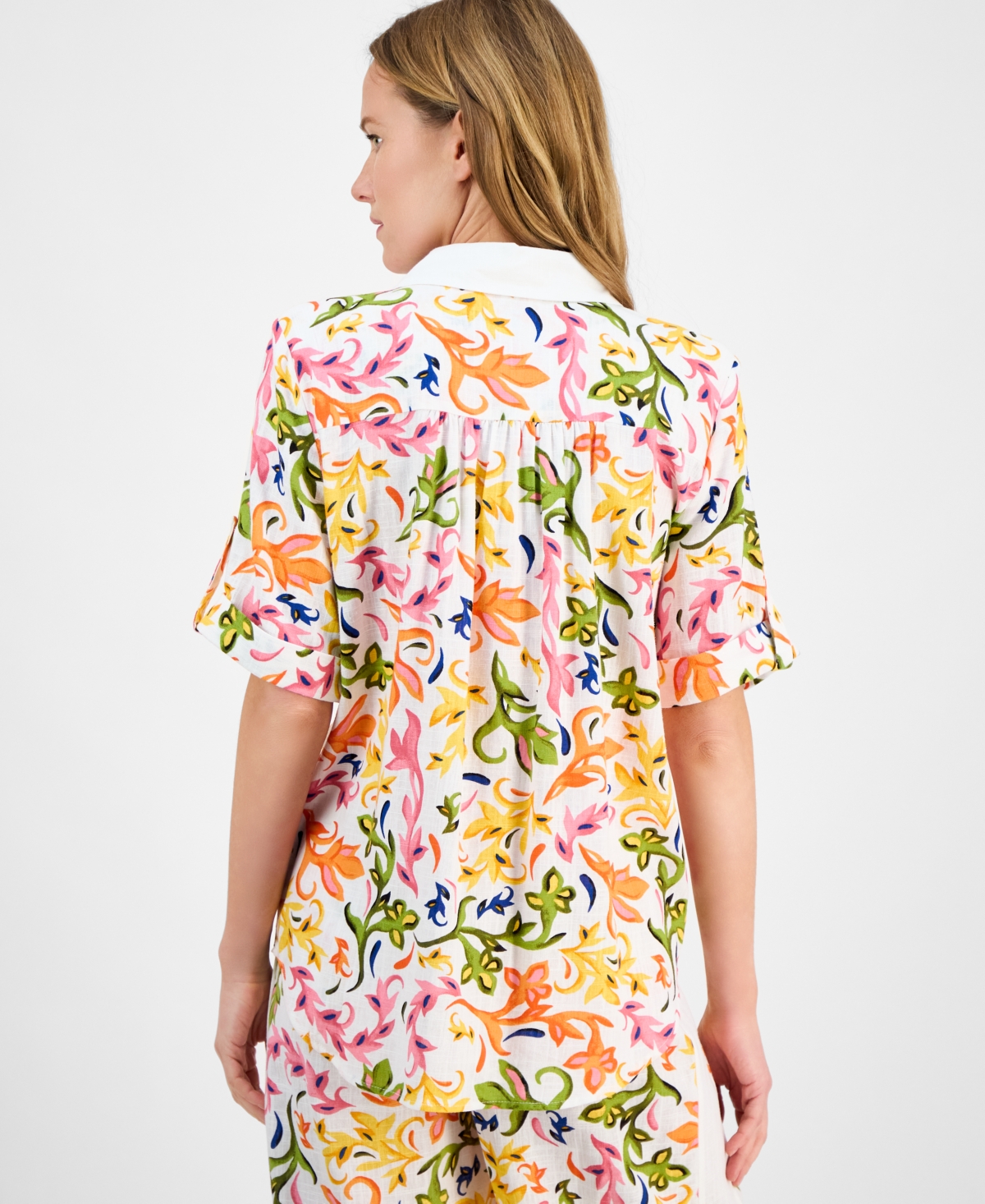 JM COLLECTION WOMEN'S LINEN BLEND PRINTED SHORT-SLEEVE BUTTON-UP SHIRT, EXCLUSIVELY AT MACY'S 