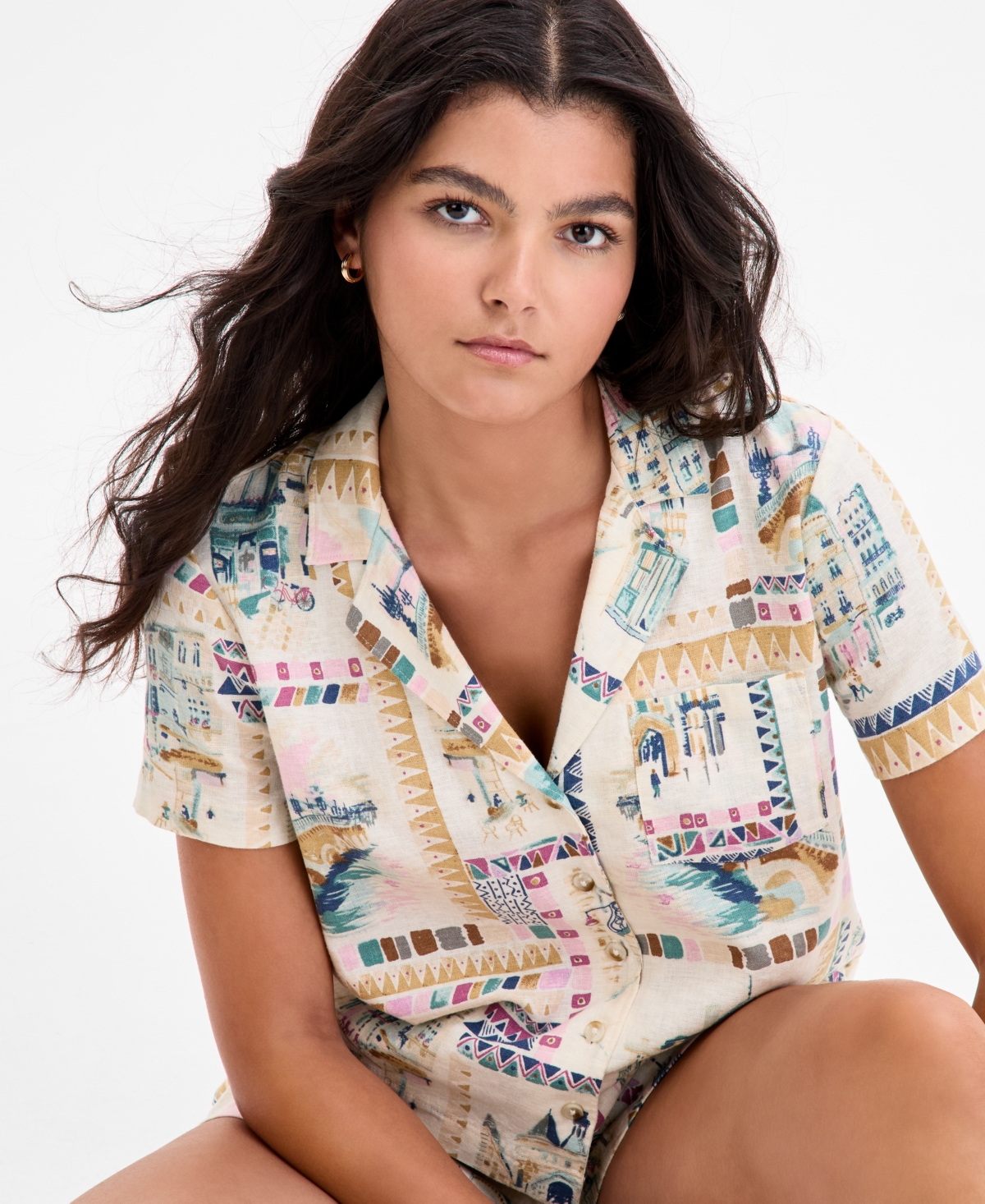 Lucky Brand Women's Printed Linen-blend Camp Shirt In White