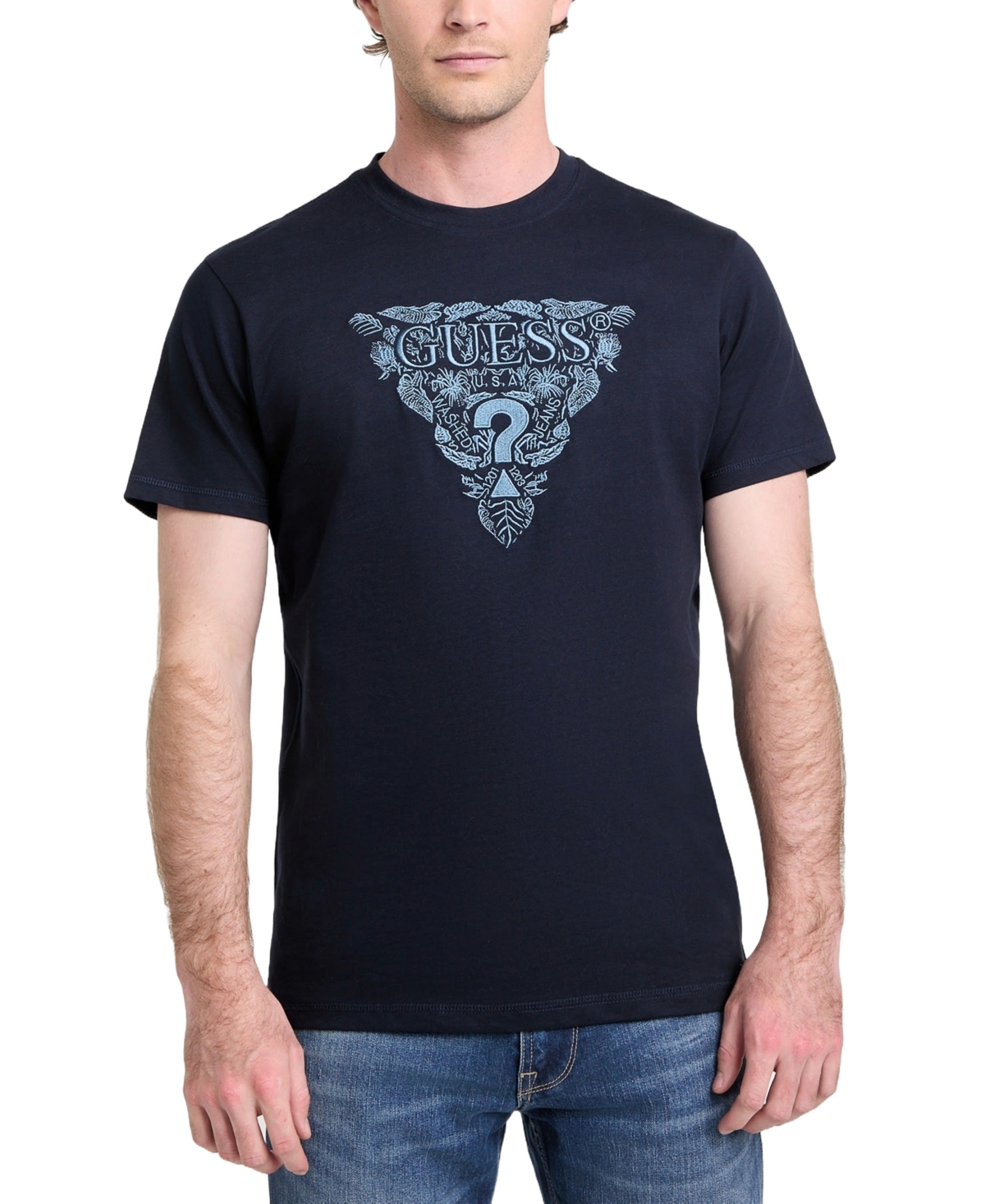 Guess Men's Embroidered Floral Logo Graphic T-shirt In Smart Blue