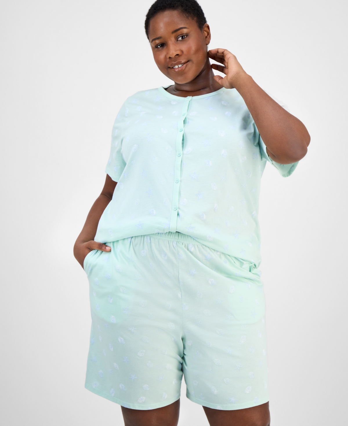 CHARTER CLUB PLUS SIZE COTTON FLORAL BERMUDA PAJAMAS SET, CREATED FOR MACY'S 