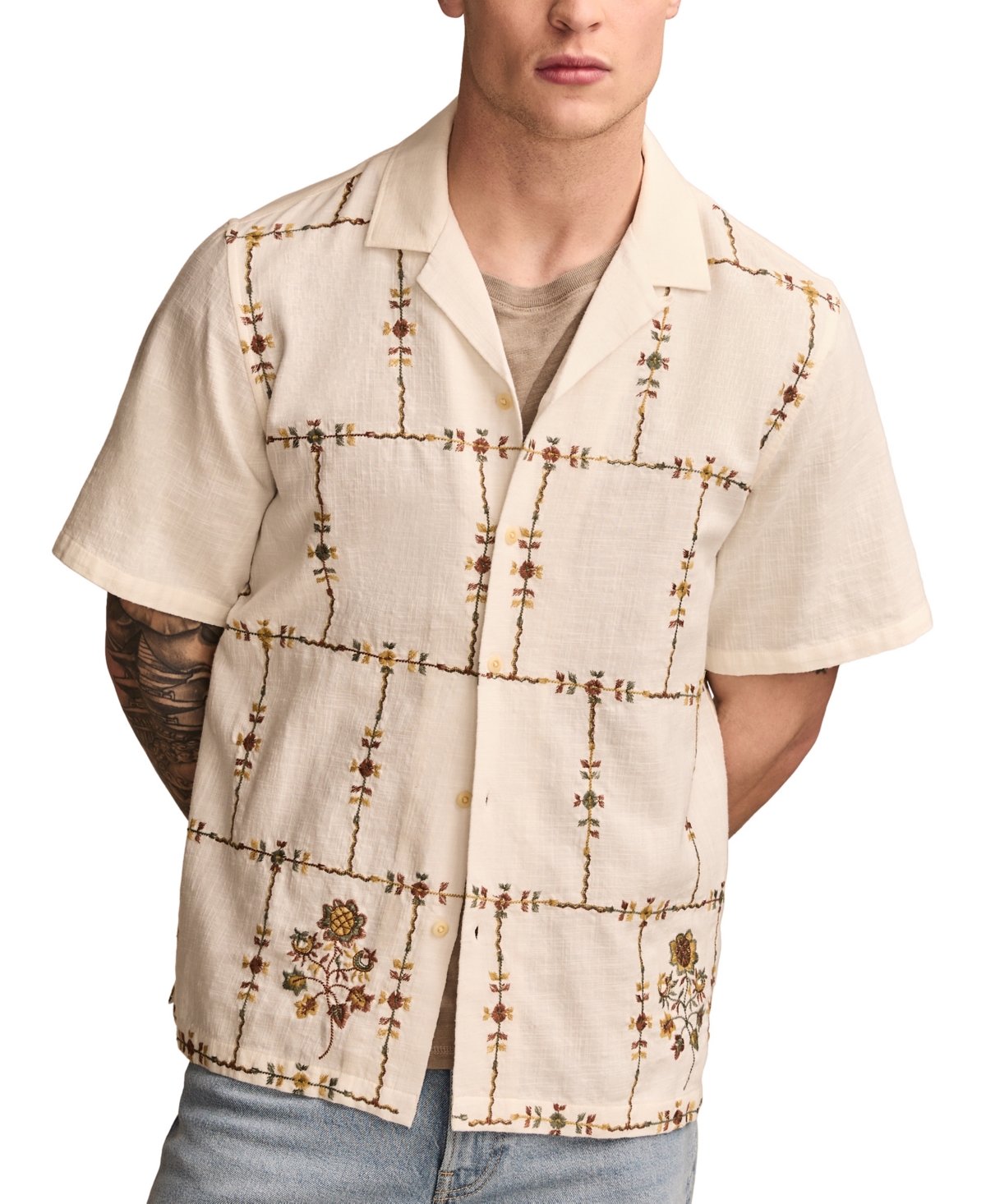 Men's Short Sleeve Embroidered Button-Front Camp Shirt - Egret Multi