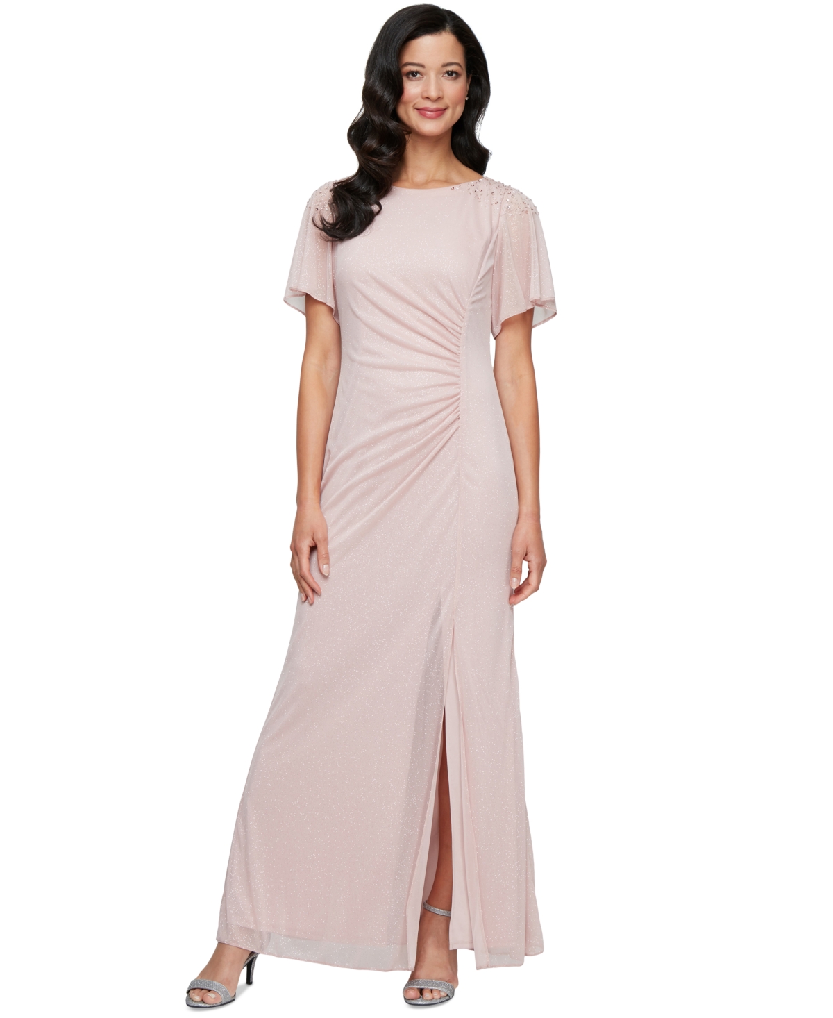 Sl Fashions Women's Round-Neck Flutter-Sleeve Gown