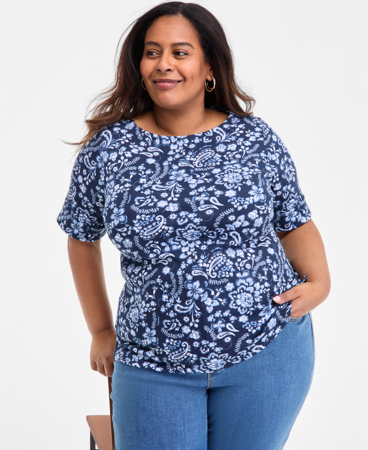 Style & Co Plus Size Printed Crewneck Top, Exclusively At Macy's