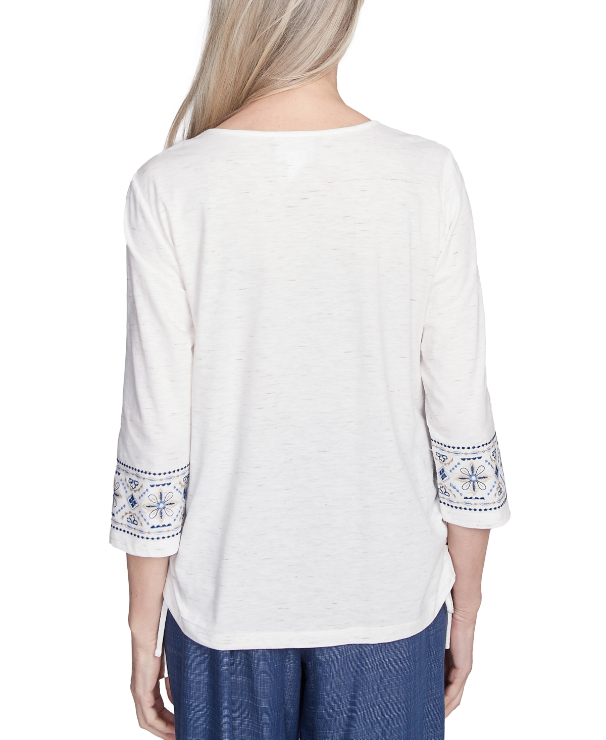 Alfred Dunner Plus Size Summer Solstice Linear Embroidered Tie Sleeve Top