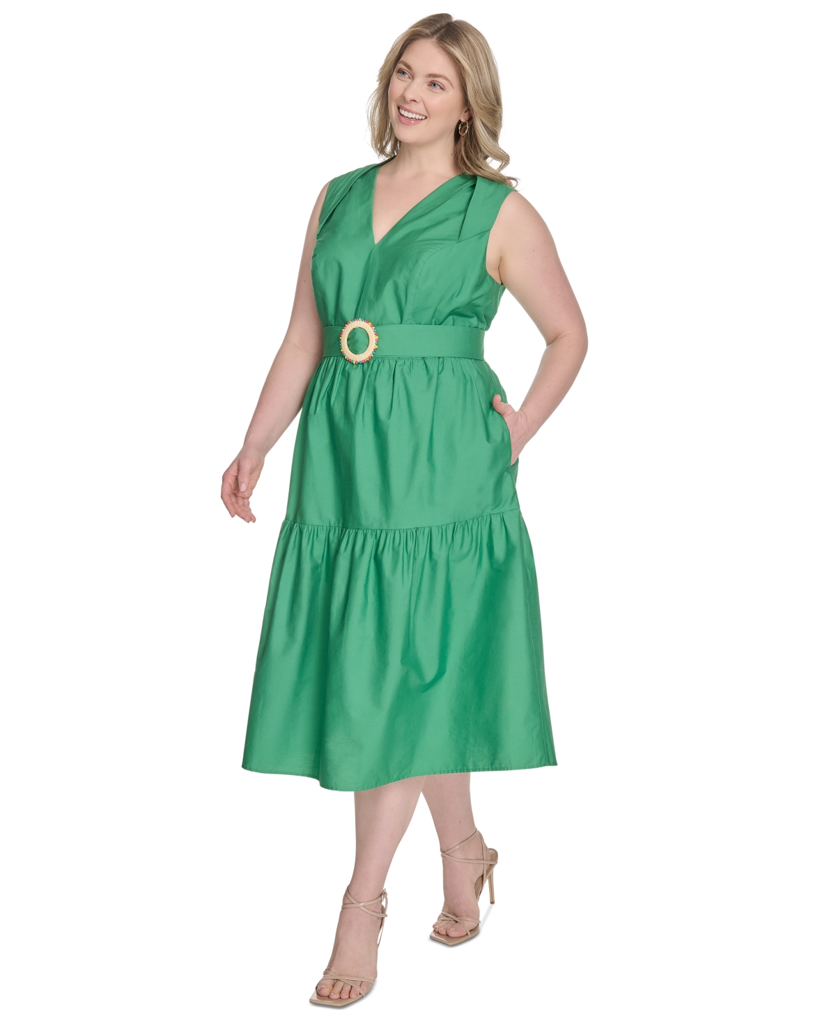 Vince Camuto Plus Size Cotton Belted Tiered Sleeveless Midi Dress