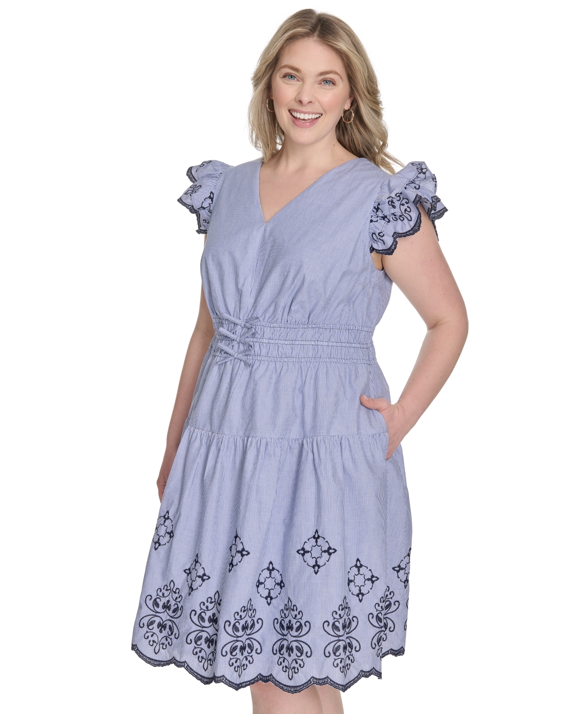 Vince Camuto Plus Size Flutter-sleeve Embroidered Cotton Dress