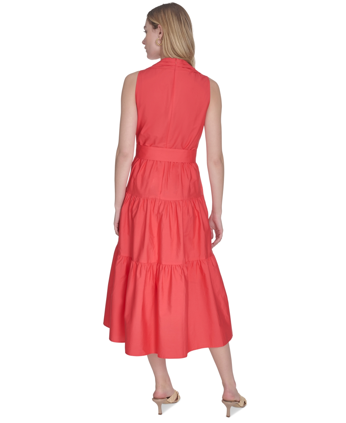 Vince Camuto Petite Cotton Belted Sleeveless Tiered Midi Dress In Red